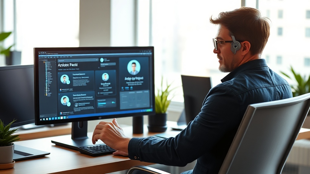 Small business owner using Google Bard for research on one side and ChatGPT for content writing on the other in a home office setup