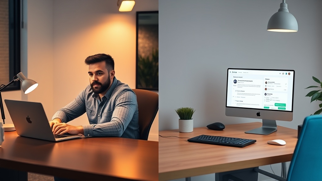 Small business owner at desk comparing ChatGPT and Google Bard AI chatbot interfaces on laptop screen with morning lighting