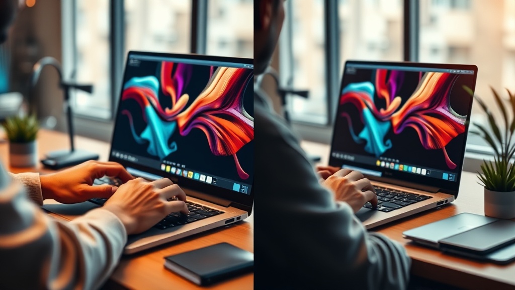 Designer comparing Midjourney's artistic output with DALL-E 2's photorealistic image on split-screen display