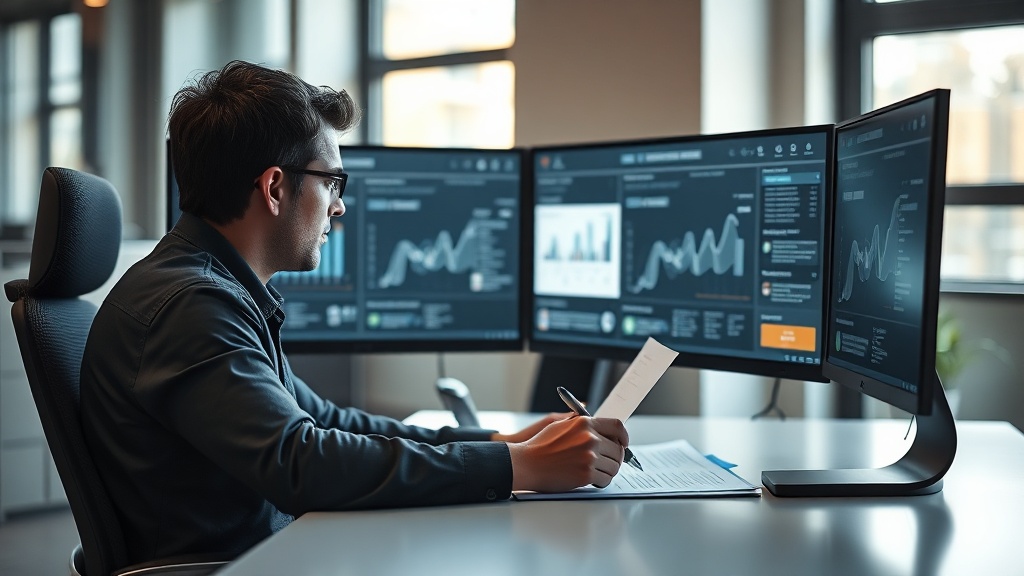 Freelance writer at desk reviewing AI-written content on laptop