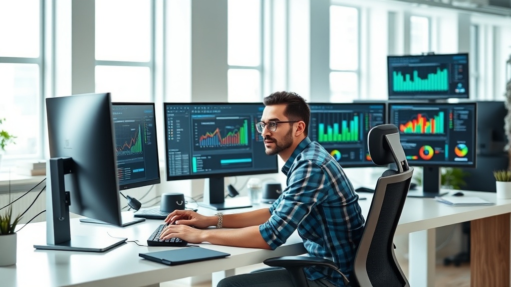 Small business owner working confidently at laptop in modern office environment